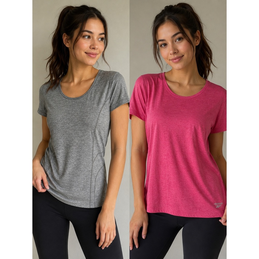 Reebok Womens Activewear T-Shirt Bundle‎ 2 Pack Grey Pink Short Sleeve Large